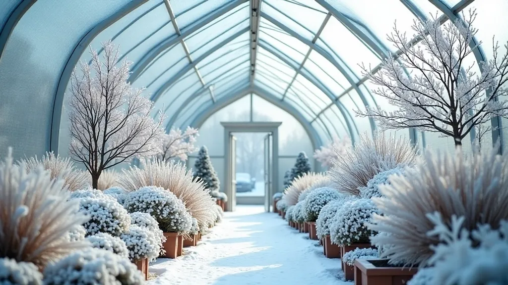 Žiemos šiltnamis su žaliomis augalomis, šilta atmosfera šaltame oru